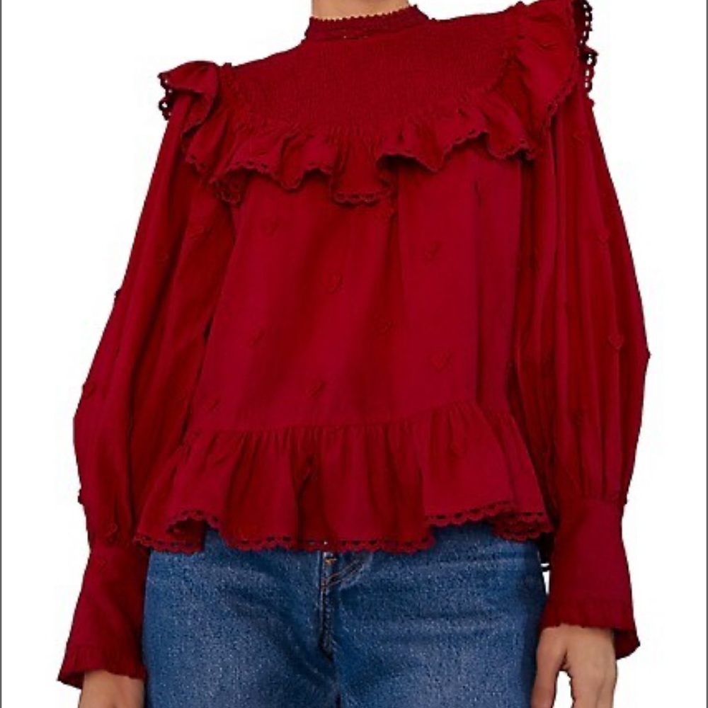 FARM Rio Red Ruffle Smocked Neck Long-Sleeve Sweater